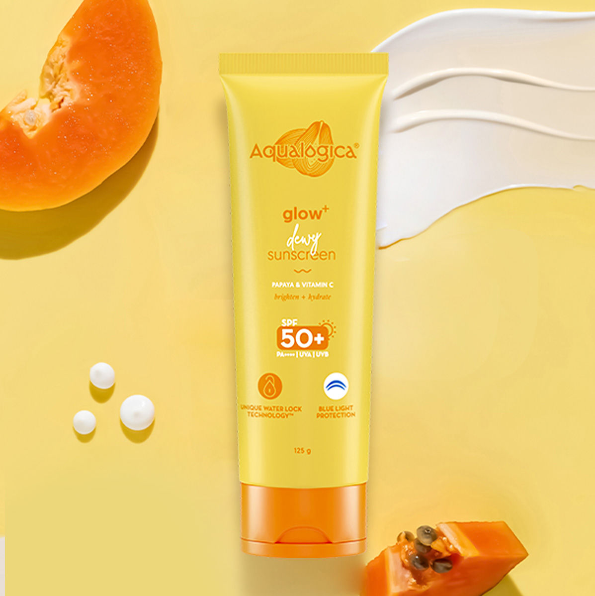 Aqualogica Glow+ Dewy Lightweight Sunscreen Gel SPF 50+ PA++++ - Papaya & Vitamin C (125g)