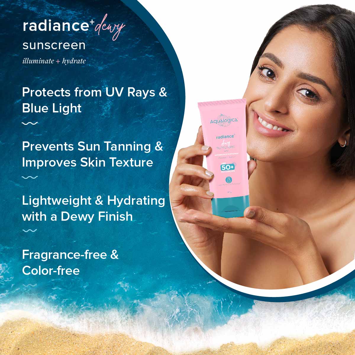 Aqualogica Radiance+ Dewy Lightweight Sunscreen Gel SPF 50+ PA+++ - Oily & Acne-Prone Skin (80g)