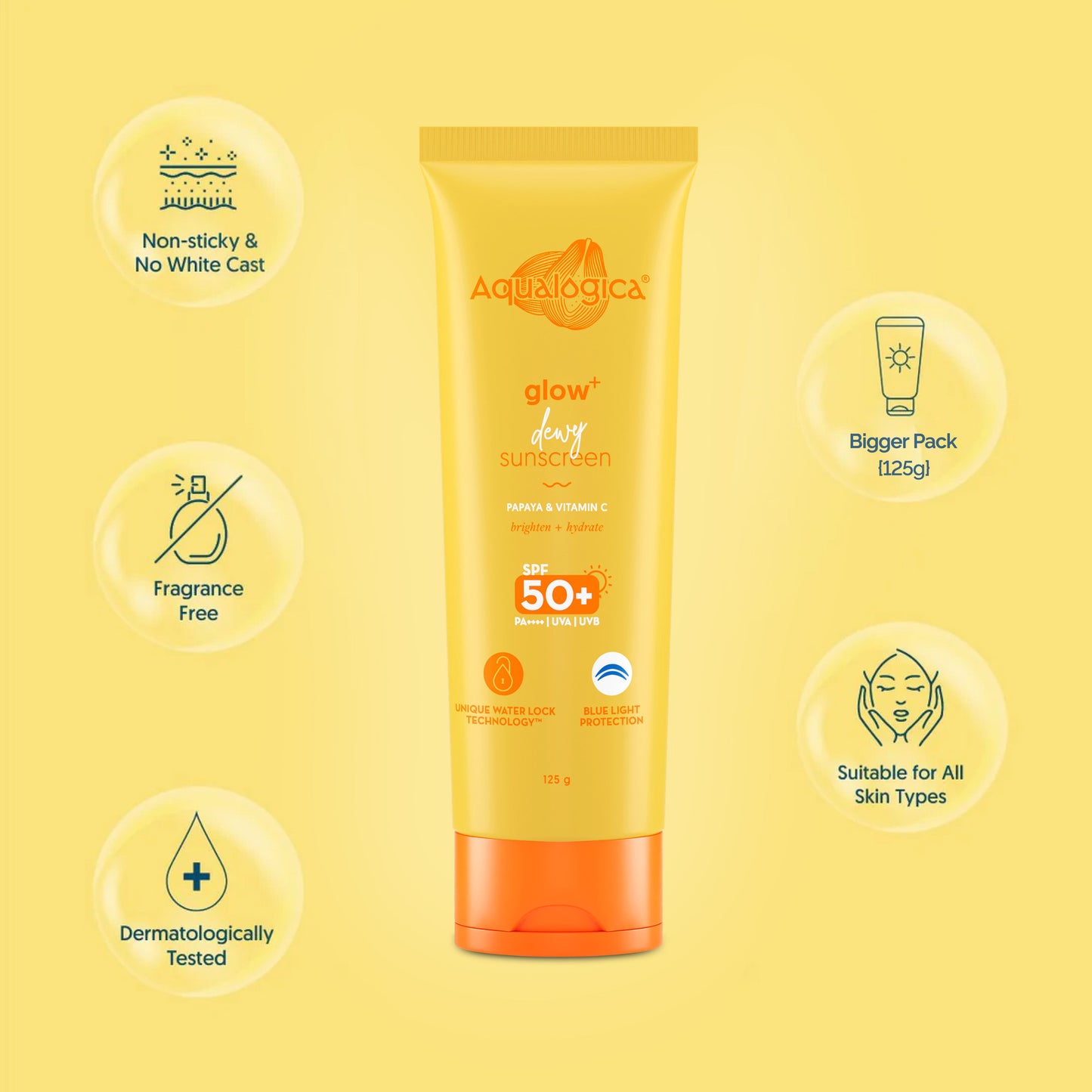 Aqualogica Glow+ Dewy Lightweight Sunscreen Gel SPF 50+ PA++++ - Papaya & Vitamin C (125g)