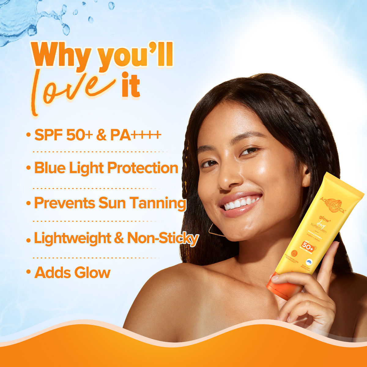 Aqualogica Glow+ Dewy Lightweight Sunscreen Gel SPF 50+ PA++++ - Papaya & Vitamin C (125g)