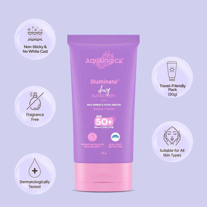 Aqualogica Illuminate+ Dewy Lightweight Sunscreen Gel SPF 50+ PA++++ - All Skin Types (30g)