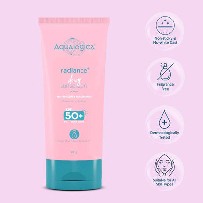 Aqualogica Radiance+ Dewy Lightweight Sunscreen Gel SPF 50+ PA+++ - Oily & Acne-Prone Skin (80g)