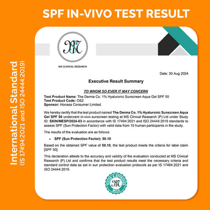 The Derma Co 1% Hyaluronic Sunscreen SPF 50 PA++++ Aqua Gel for Normal to Oily Skin (125g)